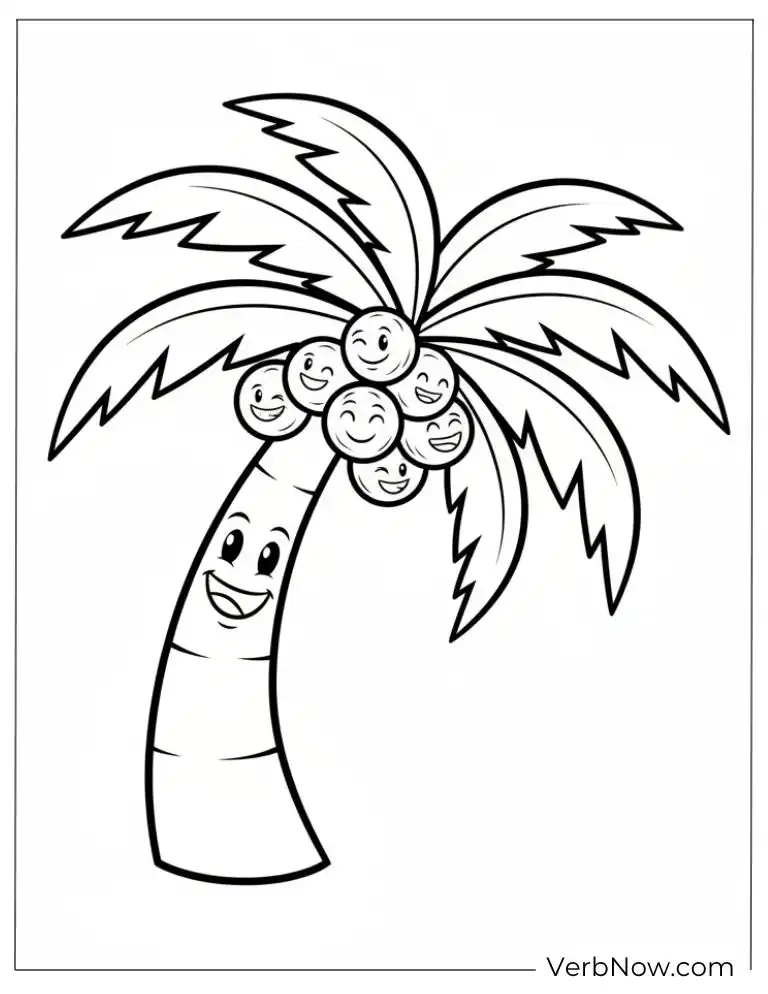 Free Coconut Coloring Pages (100% Printable PDF) Cartoon Coconut Tree with Smiley Coconuts Coloring Page