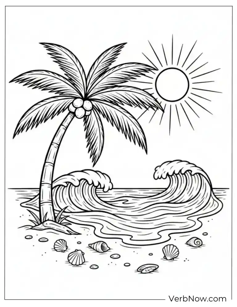 Free Coconut Coloring Pages (100% Printable PDF) Palm Tree and Ocean Waves Coloring Page