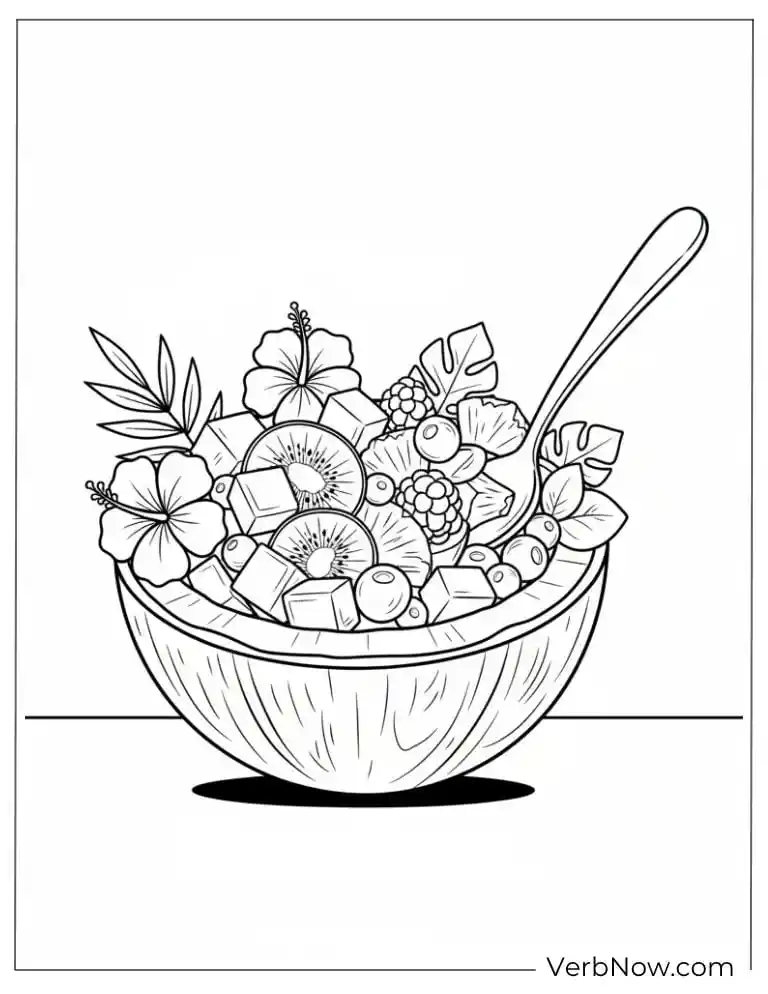 Free Coconut Coloring Pages (100% Printable PDF) Tropical Fruit Salad in Coconut Bowl Coloring Page