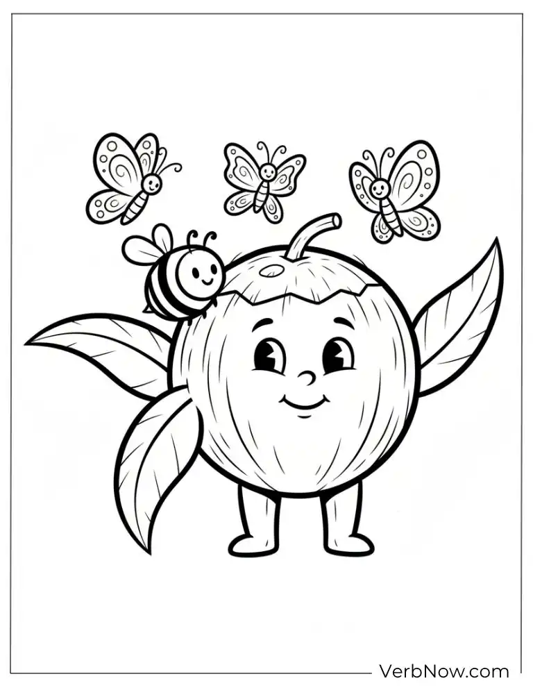 Free Coconut Coloring Pages (100% Printable PDF) Cute Coconut Character and Insects Coloring Page