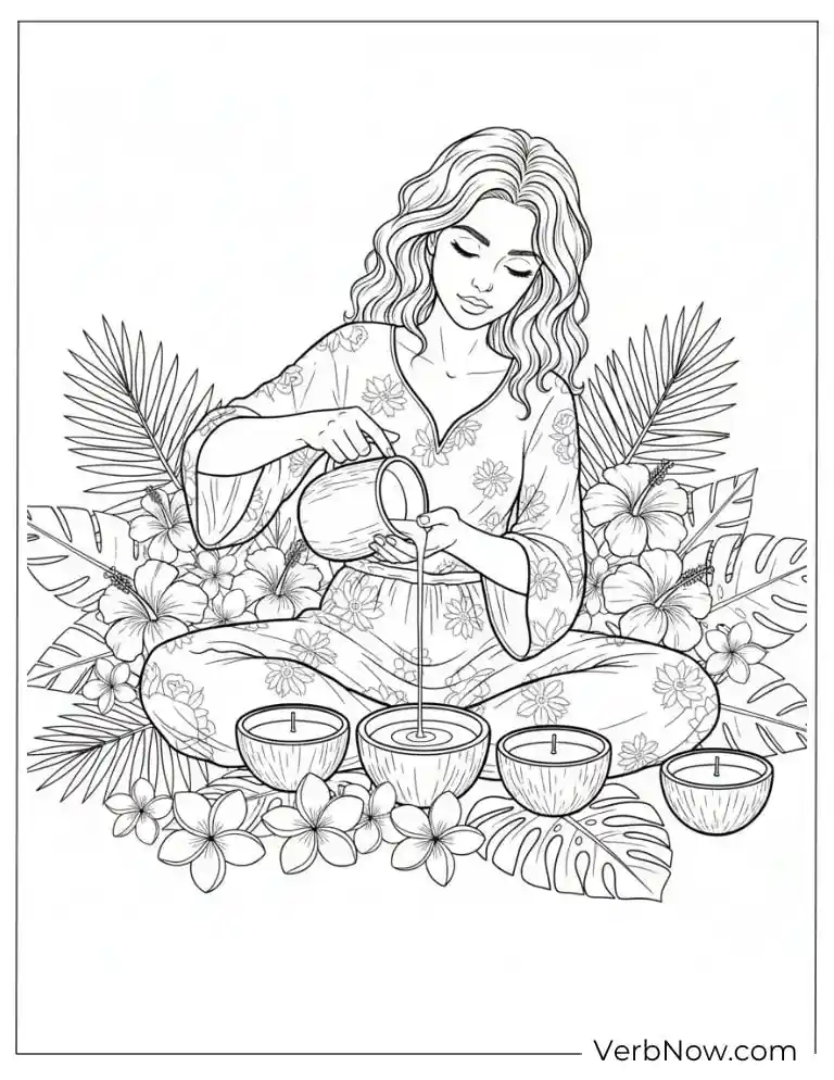 Free Coconut Coloring Pages (100% Printable PDF) Woman pouring drink into a coconut in a tropical garden