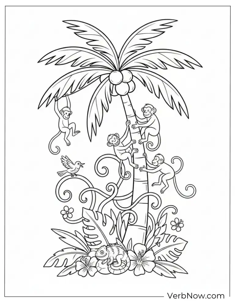 Free Coconut Coloring Pages (100% Printable PDF) Monkeys on a Coconut Tree Coloring Page