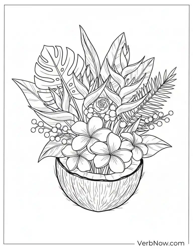 Free Coconut Coloring Pages (100% Printable PDF) Tropical Flower Arrangement Coloring Page