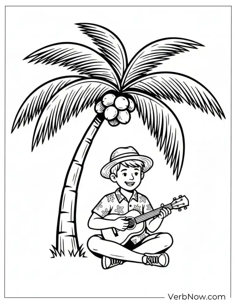 Free Coconut Coloring Pages (100% Printable PDF) Boy Playing Ukulele Under Coconut Tree Coloring Page