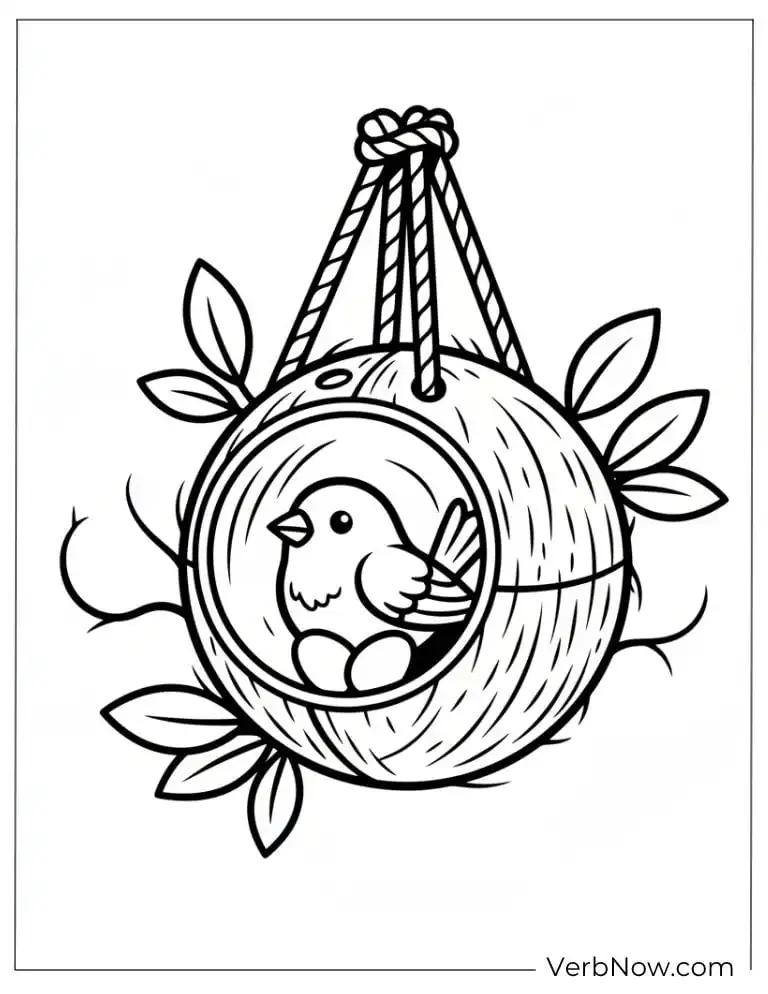 Free Coconut Coloring Pages (100% Printable PDF) Cute Bird in Hanging Nest Coloring Page