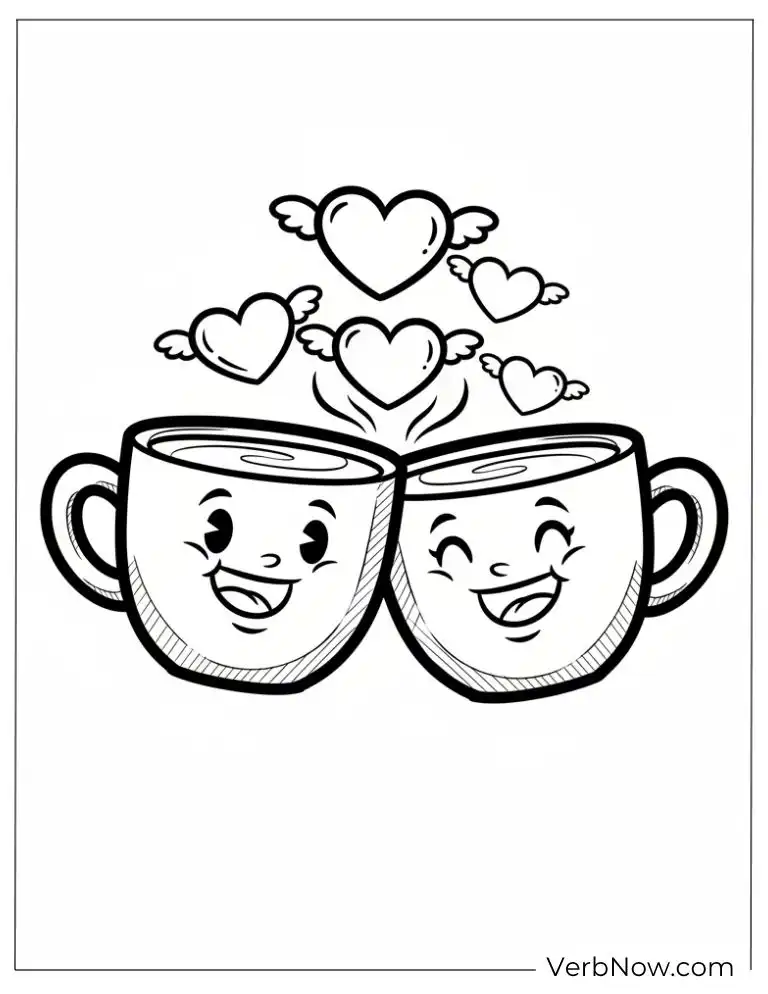 22 Free Coffee Coloring Pages (100% Printable PDF) Happy Coffee Mugs with Hearts Coloring Page