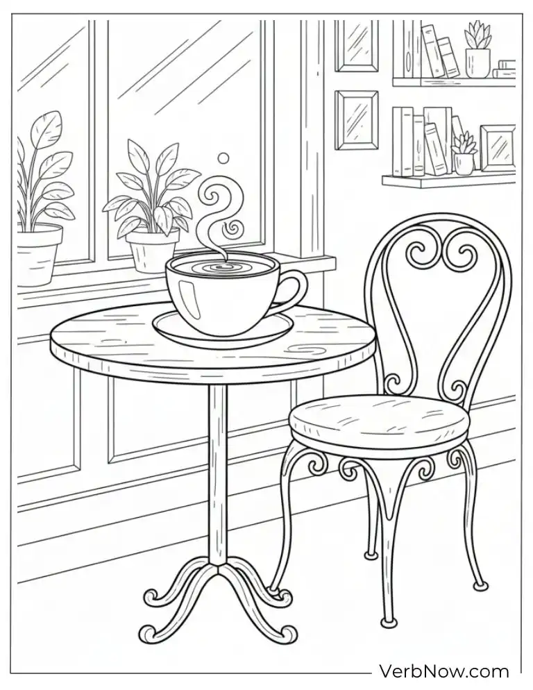 22 Free Coffee Coloring Pages (100% Printable PDF) Steaming Coffee Cup on Cafe Table Coloring Page