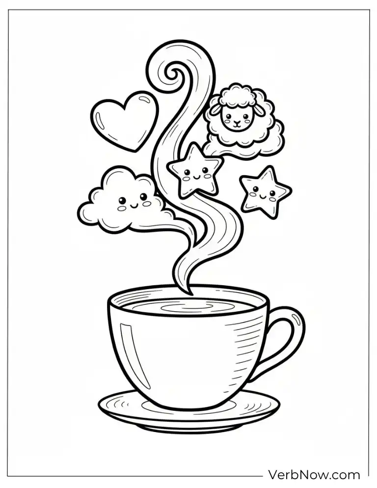 22 Free Coffee Coloring Pages (100% Printable PDF) Kawaii Dream Steam Cup Coloring Page