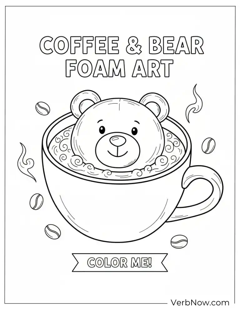 22 Free Coffee Coloring Pages (100% Printable PDF) Coffee Bear Foam Art Coloring Page
