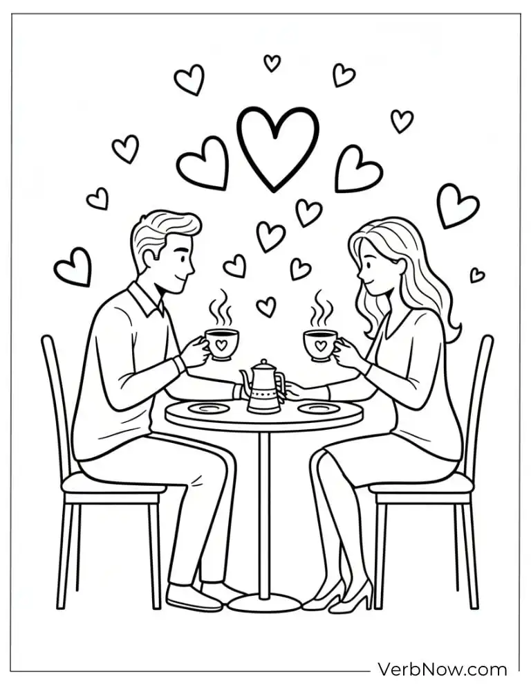 22 Free Coffee Coloring Pages (100% Printable PDF) Romantic Couple Date Coloring Page with Hearts