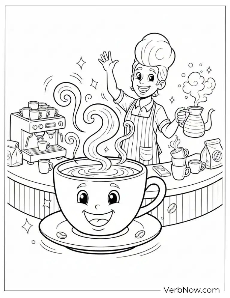 22 Free Coffee Coloring Pages (100% Printable PDF) Happy Coffee Cup and Barista Coloring Page
