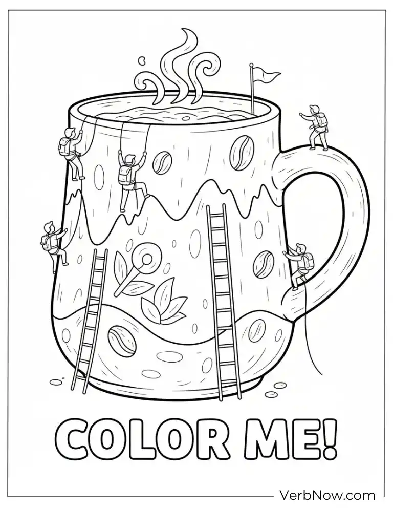 22 Free Coffee Coloring Pages (100% Printable PDF) Coffee Mug Climbing Adventure Coloring Page