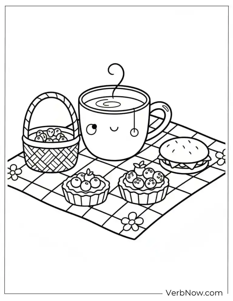 22 Free Coffee Coloring Pages (100% Printable PDF) Cute Picnic Food & Tea Coloring Page