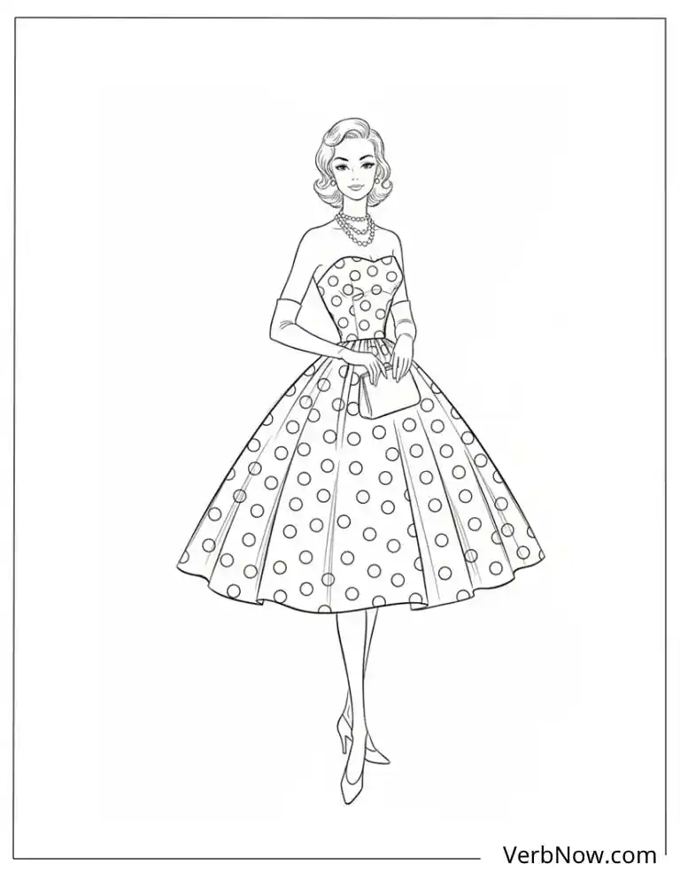 22 Top Fashion Coloring Pages for Fun (Printable PDF) 1950s Polka Dot Dress Woman Coloring Page