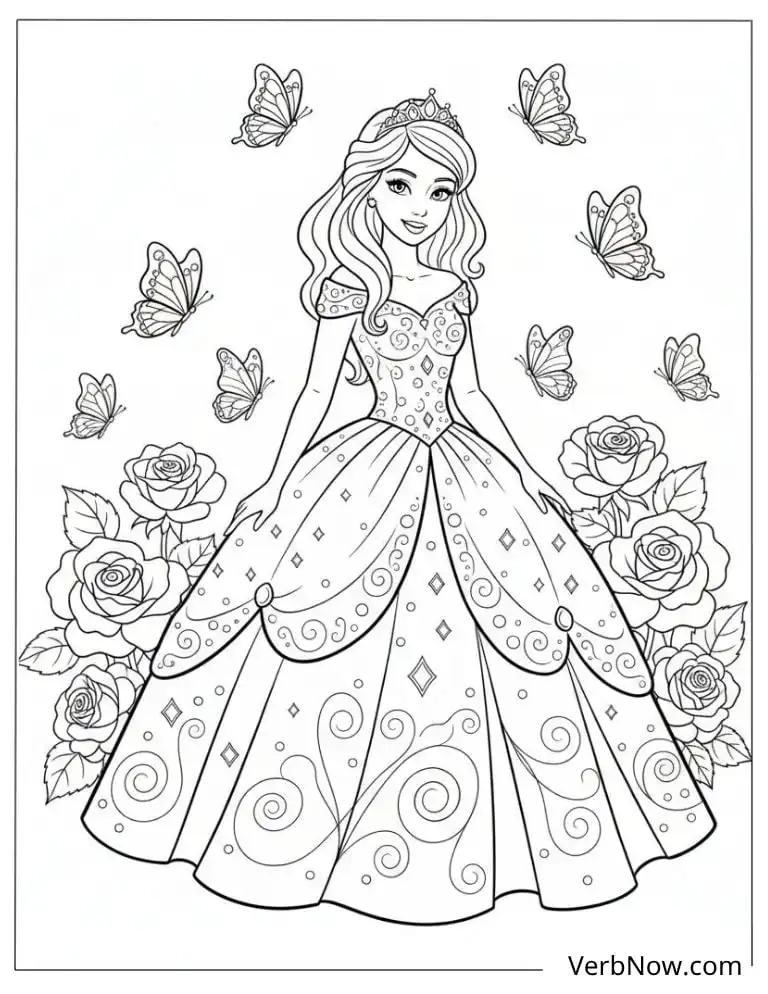 22 Top Fashion Coloring Pages for Fun (Printable PDF) Princess Coloring Page with Butterflies and Roses