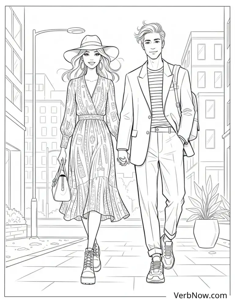 22 Top Fashion Coloring Pages for Fun (Printable PDF) Stylish Couple Walking in City Coloring Page