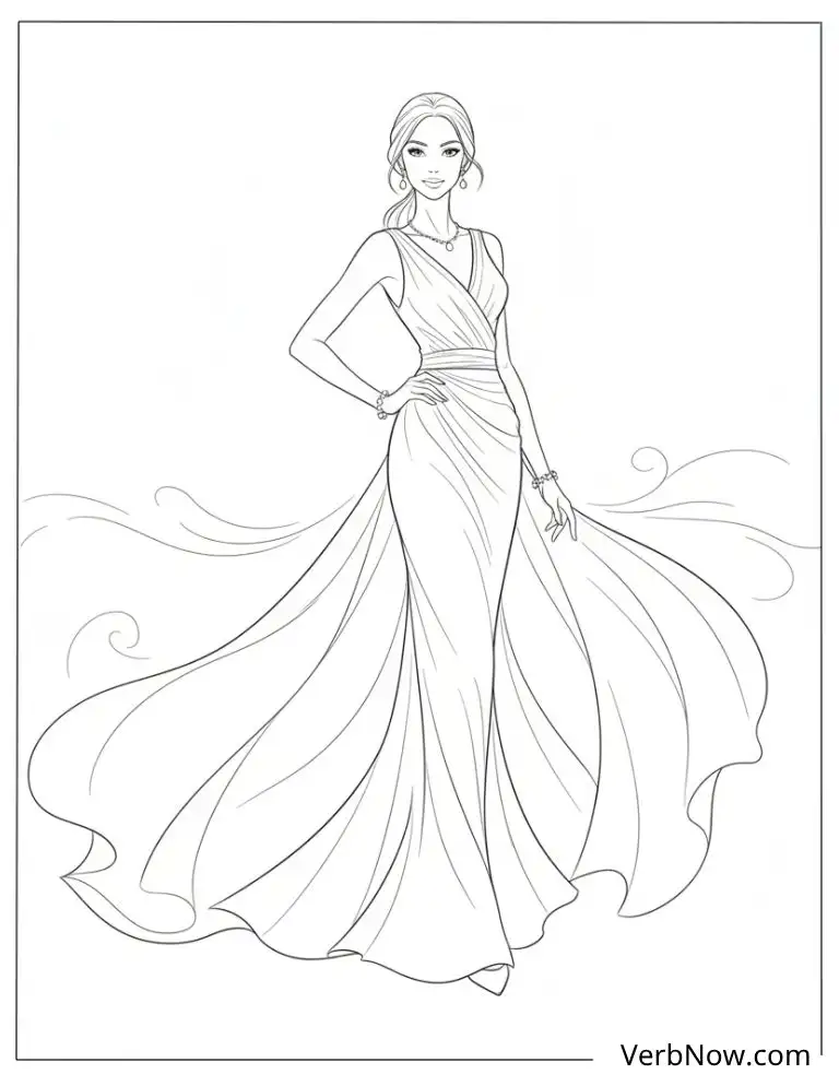 22 Top Fashion Coloring Pages for Fun (Printable PDF) Elegant Woman in Flowing Evening Gown Coloring Page