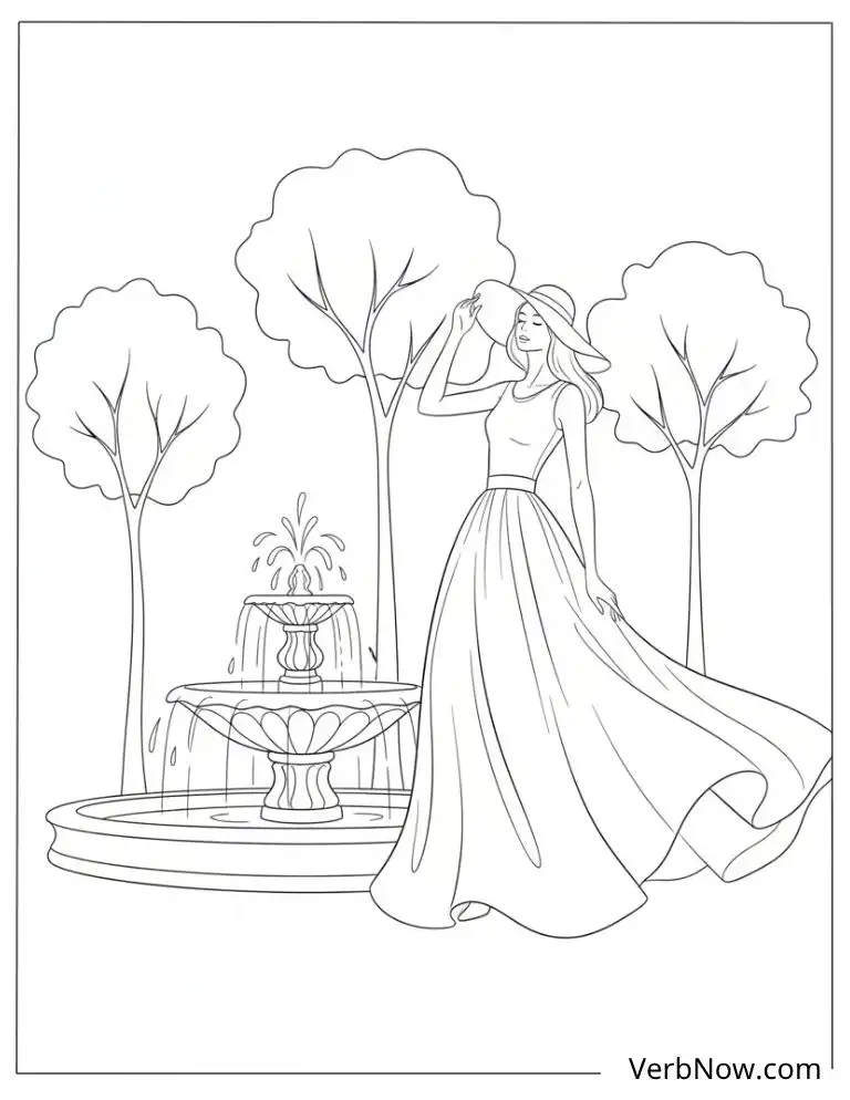 22 Top Fashion Coloring Pages for Fun (Printable PDF) Woman in Flowing Dress and Hat by Fountain Coloring Page