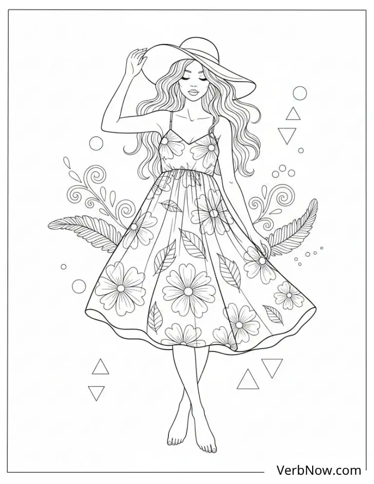 22 Top Fashion Coloring Pages for Fun (Printable PDF) Summer Girl with Hat and Floral Dress Coloring Page