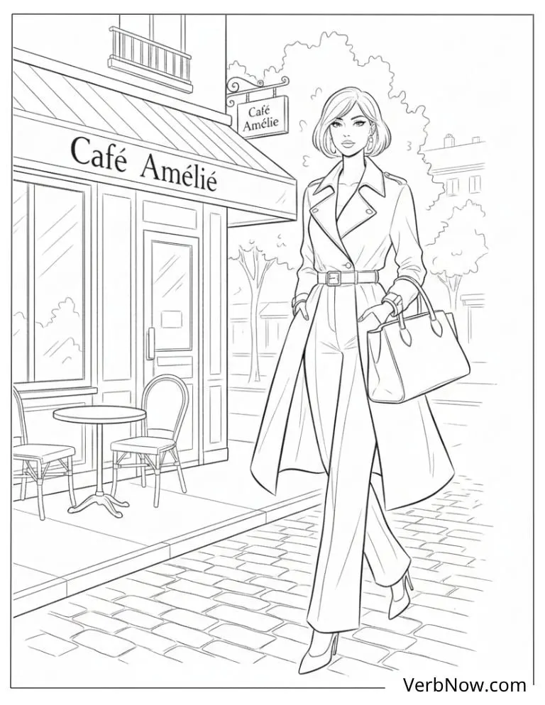 22 Top Fashion Coloring Pages for Fun (Printable PDF) Fashionable Woman Walking Past Cafe Coloring Page