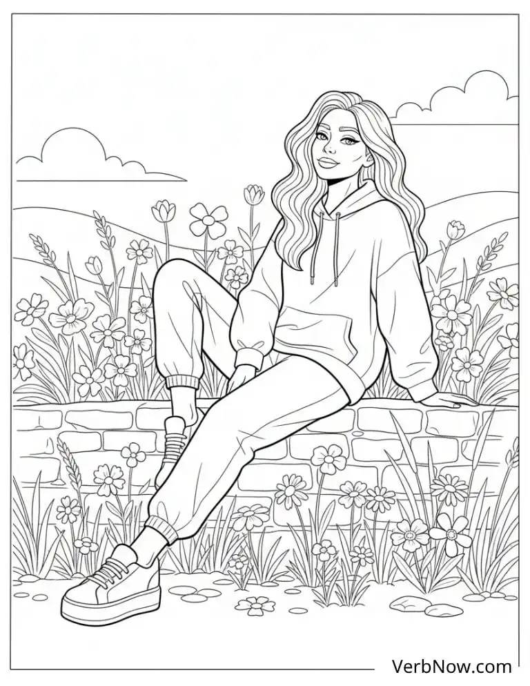 22 Top Fashion Coloring Pages for Fun (Printable PDF) Casual Girl in Hoodie with Flowers Coloring Page