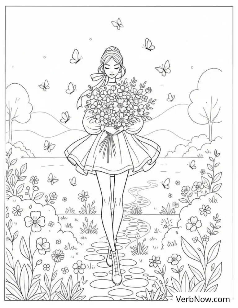 22 Top Fashion Coloring Pages for Fun (Printable PDF) Girl in Garden with Flower Bouquet Coloring Page