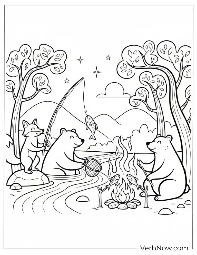 22 Free Fishing Coloring Pages (100% Printable PDF) Bears and Fox Fishing Campfire Coloring Page