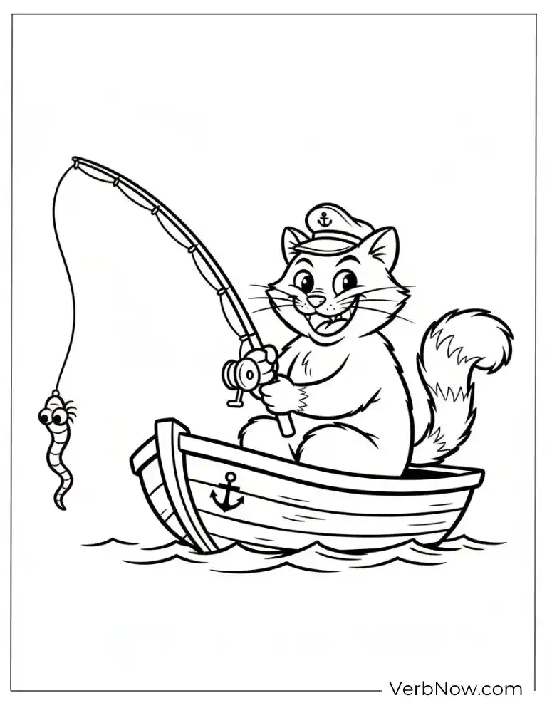 22 Free Fishing Coloring Pages (100% Printable PDF) Cat Captain Fishing in Boat Coloring Page