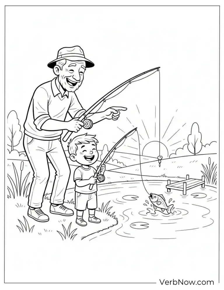 22 Free Fishing Coloring Pages (100% Printable PDF) Grandpa and Boy Fishing Coloring Page