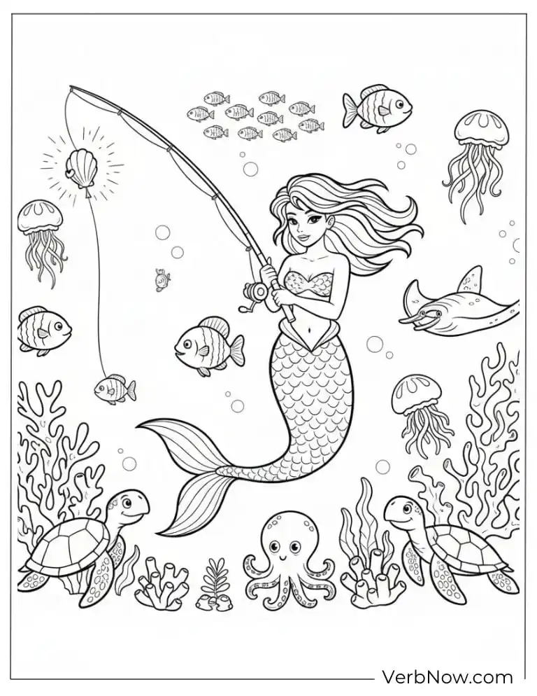 22 Free Fishing Coloring Pages (100% Printable PDF) Mermaid Fishing and Sea Animals Coloring Page
