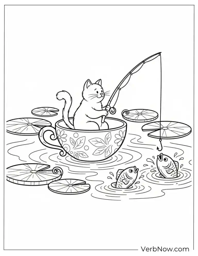 22 Free Fishing Coloring Pages (100% Printable PDF) Cute Cat Fishing from Teacup Coloring Page