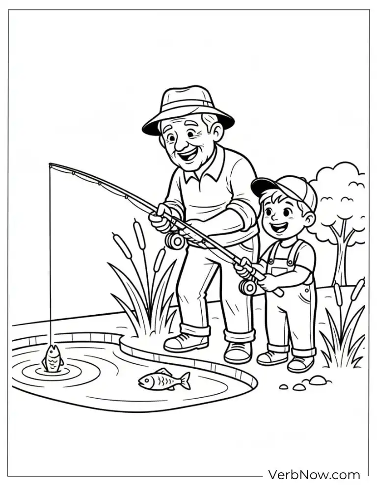 22 Free Fishing Coloring Pages (100% Printable PDF) Grandfather and Grandson Fishing Coloring Page