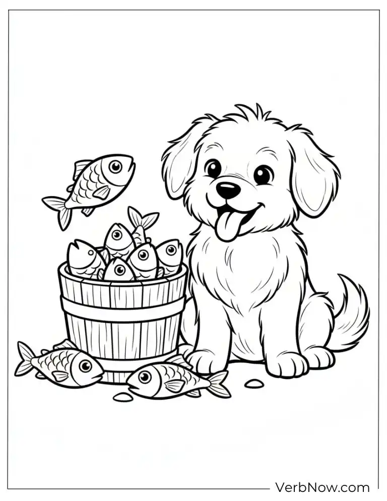22 Free Fishing Coloring Pages (100% Printable PDF) Cute Puppy and Fish Bucket Coloring Page