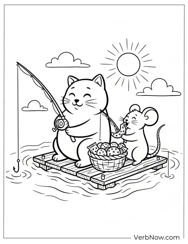22 Free Fishing Coloring Pages (100% Printable PDF) Cute Cat and Mouse Fishing Coloring Page
