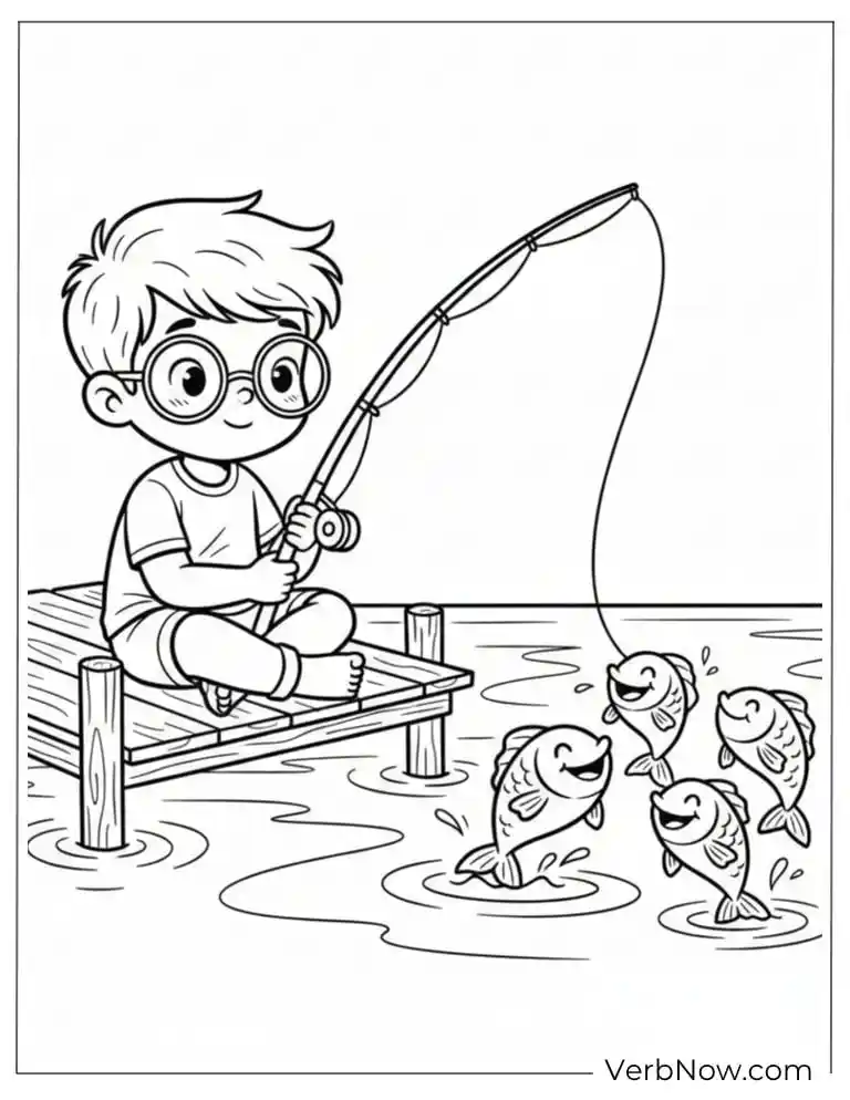 22 Free Fishing Coloring Pages (100% Printable PDF) Boy Fishing on Dock Coloring Page