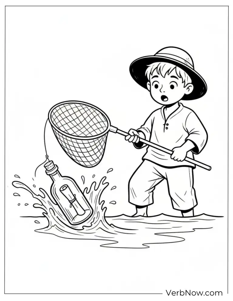 22 Free Fishing Coloring Pages (100% Printable PDF) Boy Catching Message in a Bottle Coloring Page