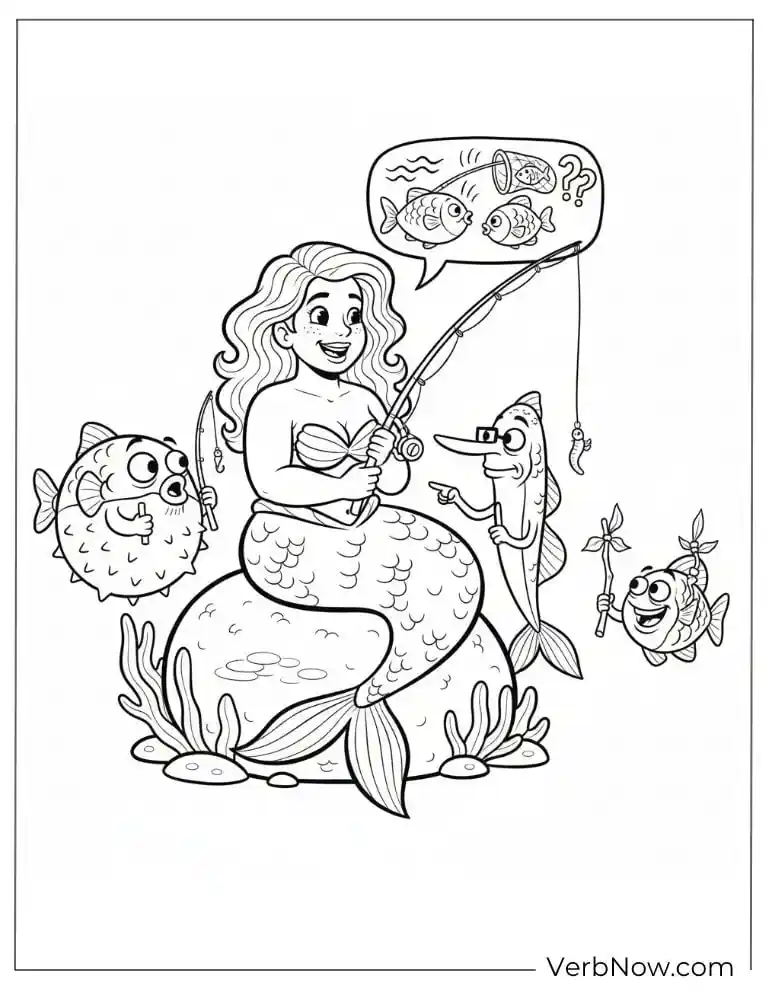 22 Free Fishing Coloring Pages (100% Printable PDF) Funny Mermaid Fishing with Fish Coloring Page