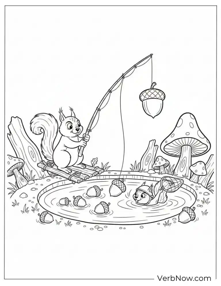 22 Free Fishing Coloring Pages (100% Printable PDF) Squirrels Fishing Acorns Coloring Page
