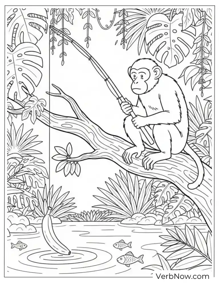 22 Free Fishing Coloring Pages (100% Printable PDF) Monkey Fishing with Banana Bait Coloring Page
