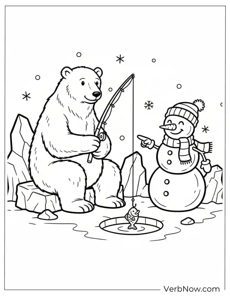 22 Free Fishing Coloring Pages (100% Printable PDF) Polar Bear Ice Fishing with Snowman Coloring Page