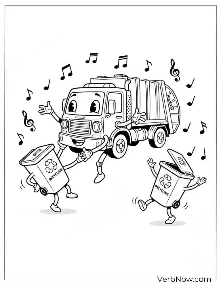 24 Garbage Truck Coloring Pages For Fun (Printable PDF) Dancing Garbage Truck and Recycling Bins Coloring Page