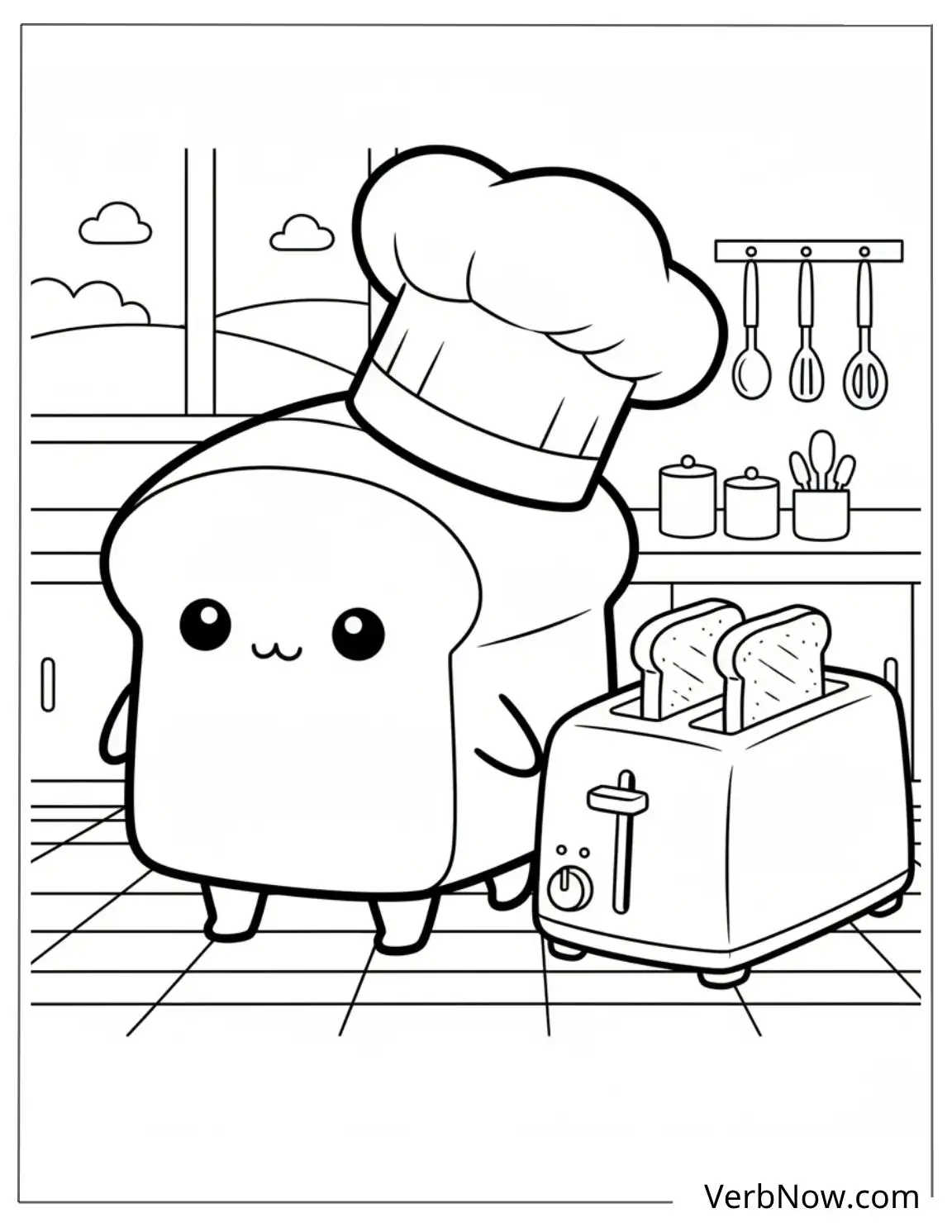 22 Free Kitchen Coloring Pages For Kids (Printable PDF) Kawaii Bread Chef and Toaster Coloring Page