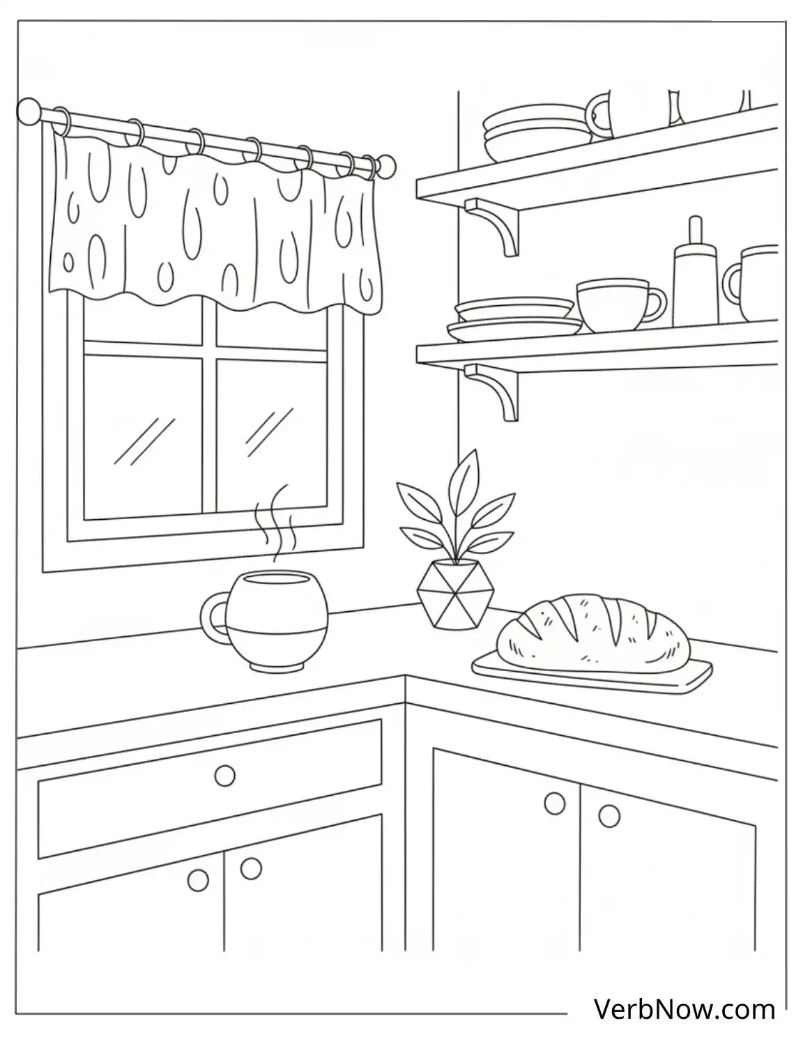 22 Free Kitchen Coloring Pages For Kids (Printable PDF) Kitchen Scene Coloring Page: Bread, Mug & Shelves