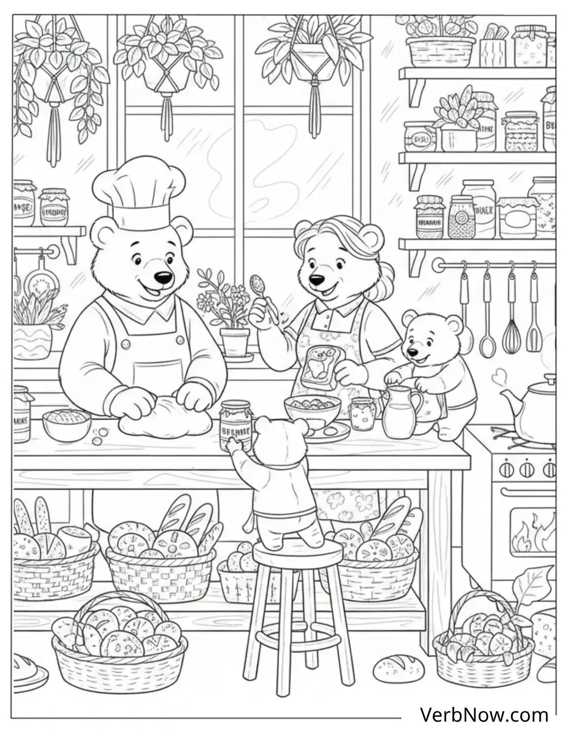 22 Free Kitchen Coloring Pages For Kids (Printable PDF) Bear Family Baking in Kitchen Coloring Page
