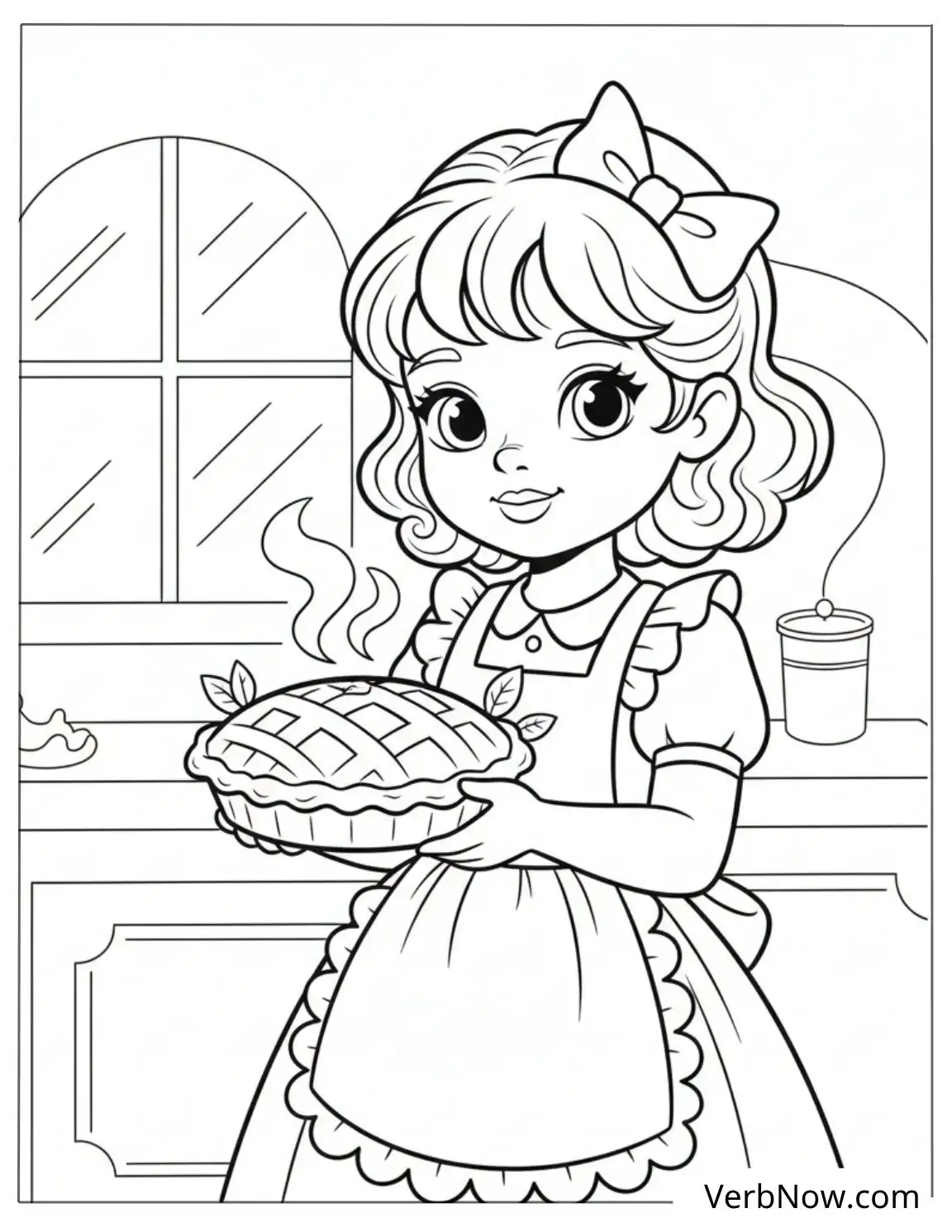 22 Free Kitchen Coloring Pages For Kids (Printable PDF) Girl Holding Fresh Baked Pie Coloring Page