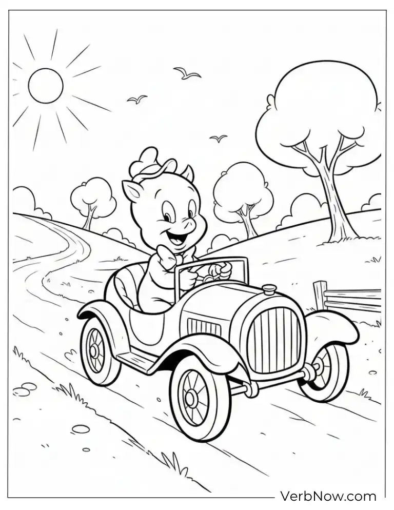 22 Free Looney Tunes Coloring Pages: Super Fun for Everyone! Porky Pig Driving Vintage Car Coloring Page