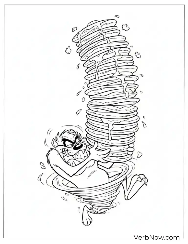 22 Free Looney Tunes Coloring Pages: Super Fun for Everyone! Taz Spinning with Giant Pancake Stack Coloring Page