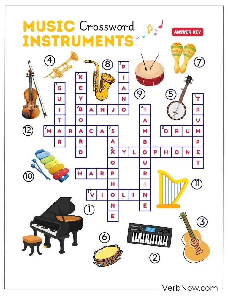 10+ Free Music Puzzles For Fun (100% Printable PDF) Music Instruments Crossword Puzzle & Answer Key
