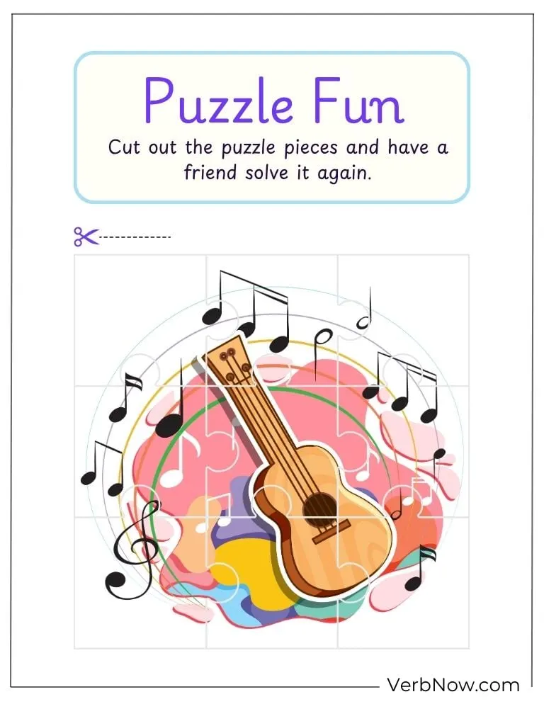 10+ Free Music Puzzles For Fun (100% Printable PDF) Cutout Guitar Puzzle with Musical Notes Activity Sheet
