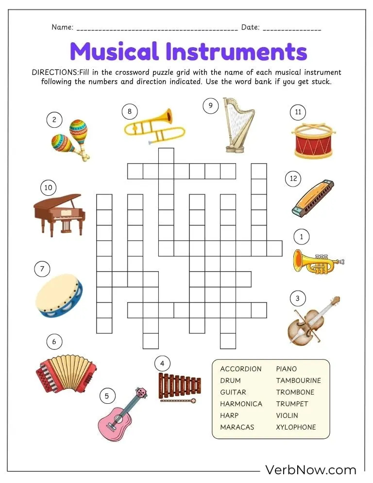 10+ Free Music Puzzles For Fun (100% Printable PDF) Musical Instruments Crossword Puzzle Worksheet